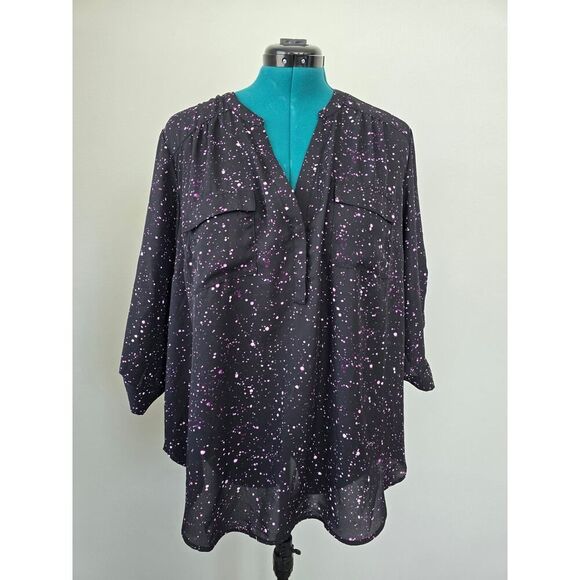 Torrid Black Purple Splatter Print Blouse Roll Tab Sleeve Size 2X Preppy - Picture 1 of 9